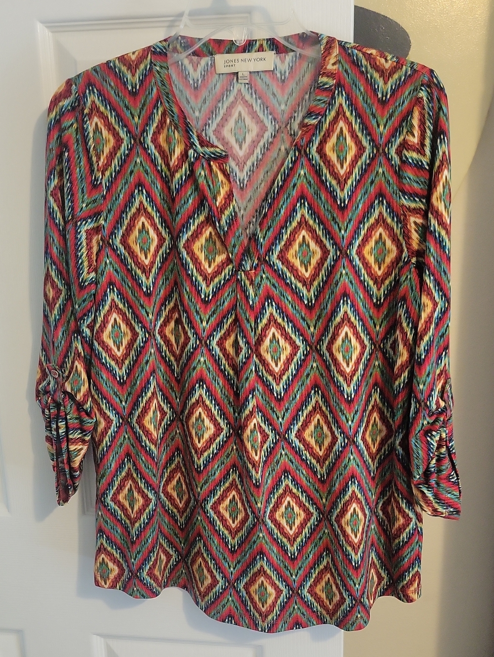 Jones New York SzLg Multicolor Diamond-Print Tunic — Red, Teal, Yellow, Black